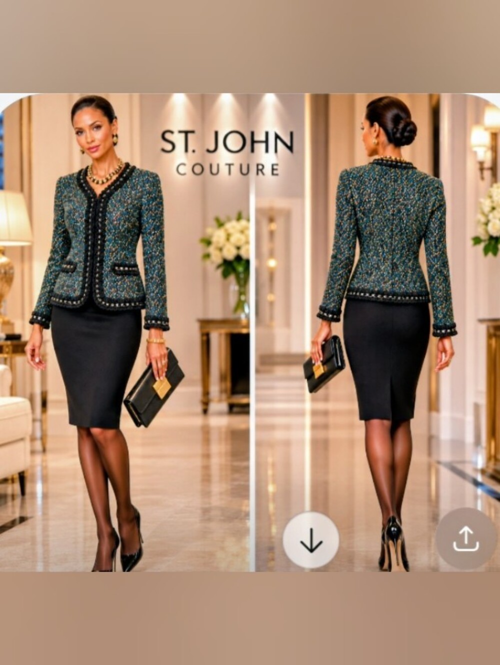 NWT St John Couture 2 4 Nordstrom Multicolor Knit Boucle Ribbon Chain Skirt Suit